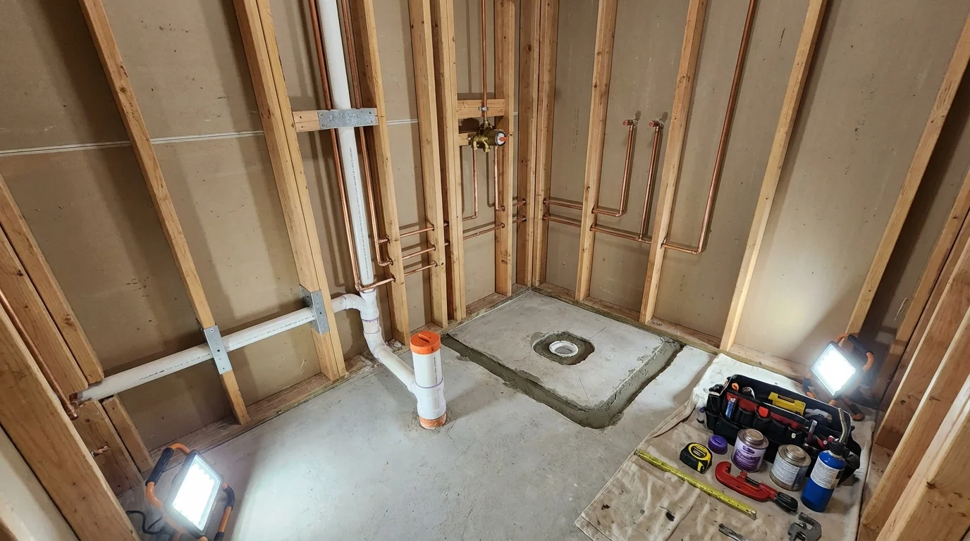 Bathroom rough-in plumbing during remodel by Johns Plumbing LLC in Tolland