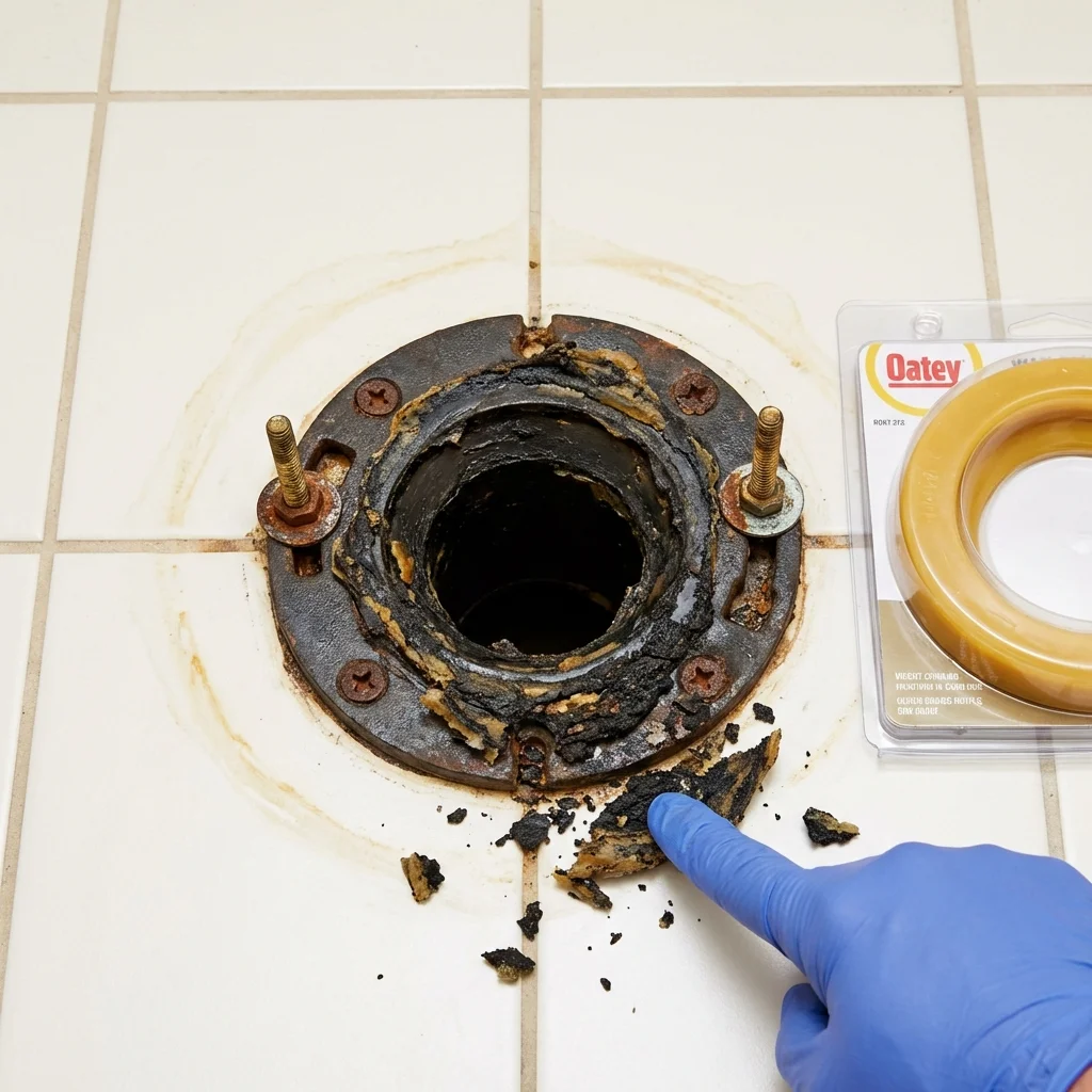 Failed wax ring showing water seepage at the base of a toilet in a Tolland, CT home